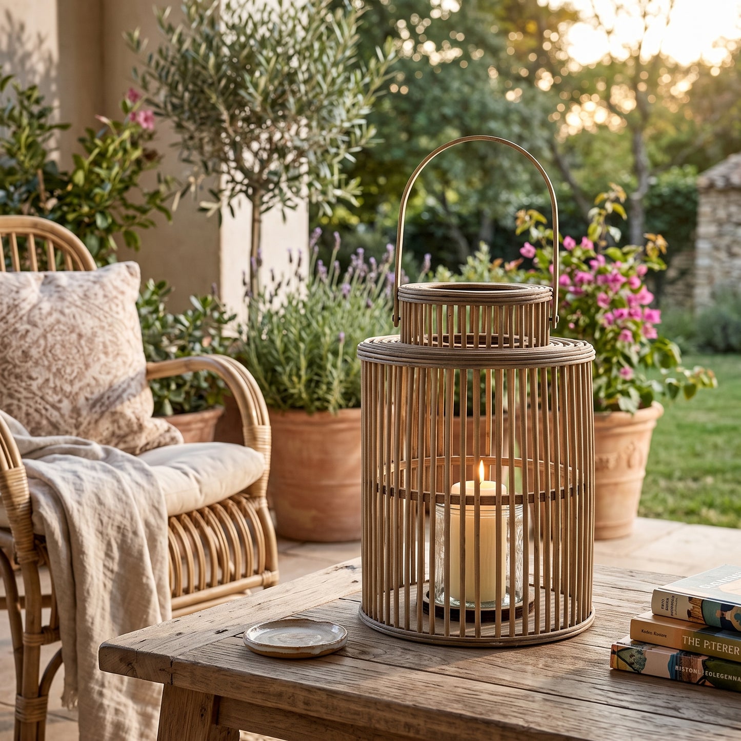 A cylindrical bamboo lantern with a metal handle and a lit pillar candle inside, placed on a wooden table in a garden patio setting with a wicker chair and potted plants in the background.