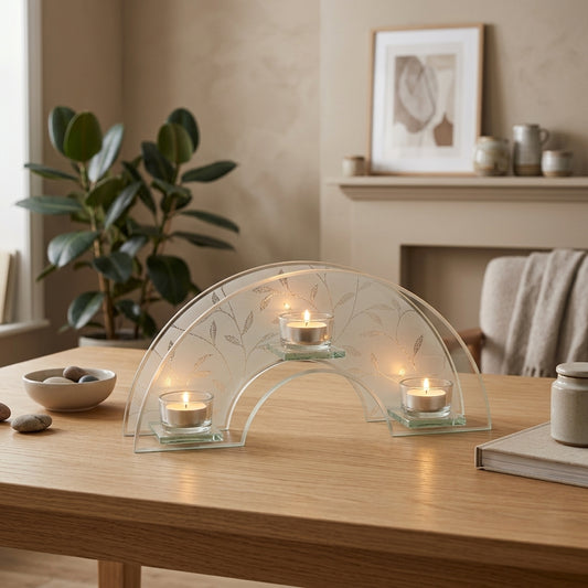 Hestia Glitter Leaf Design Triple Tealight Holder