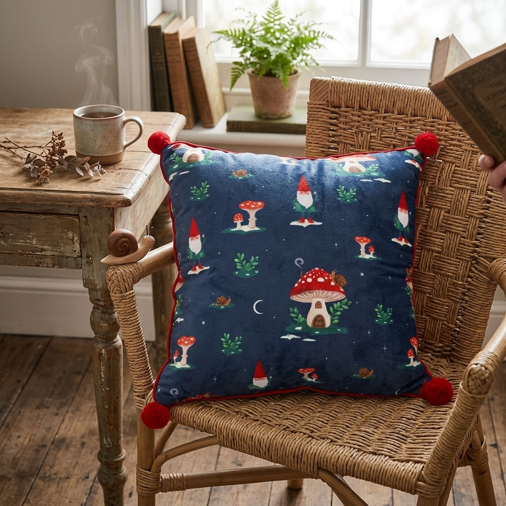 35cm Square Gnome Print Cushion with Pom Poms