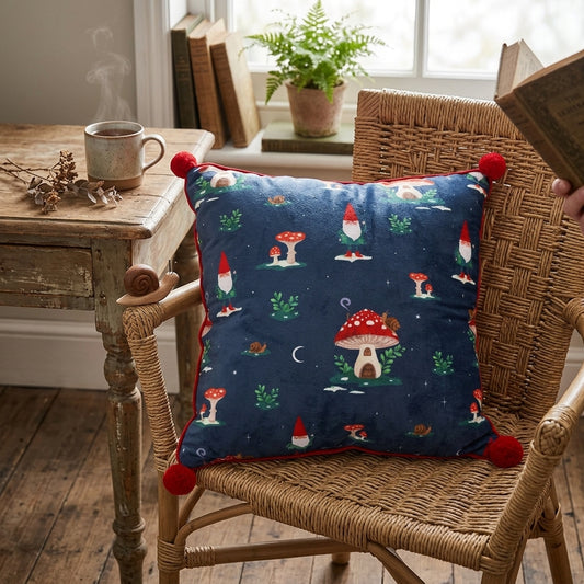 35cm Square Gnome Print Cushion with Pom Poms