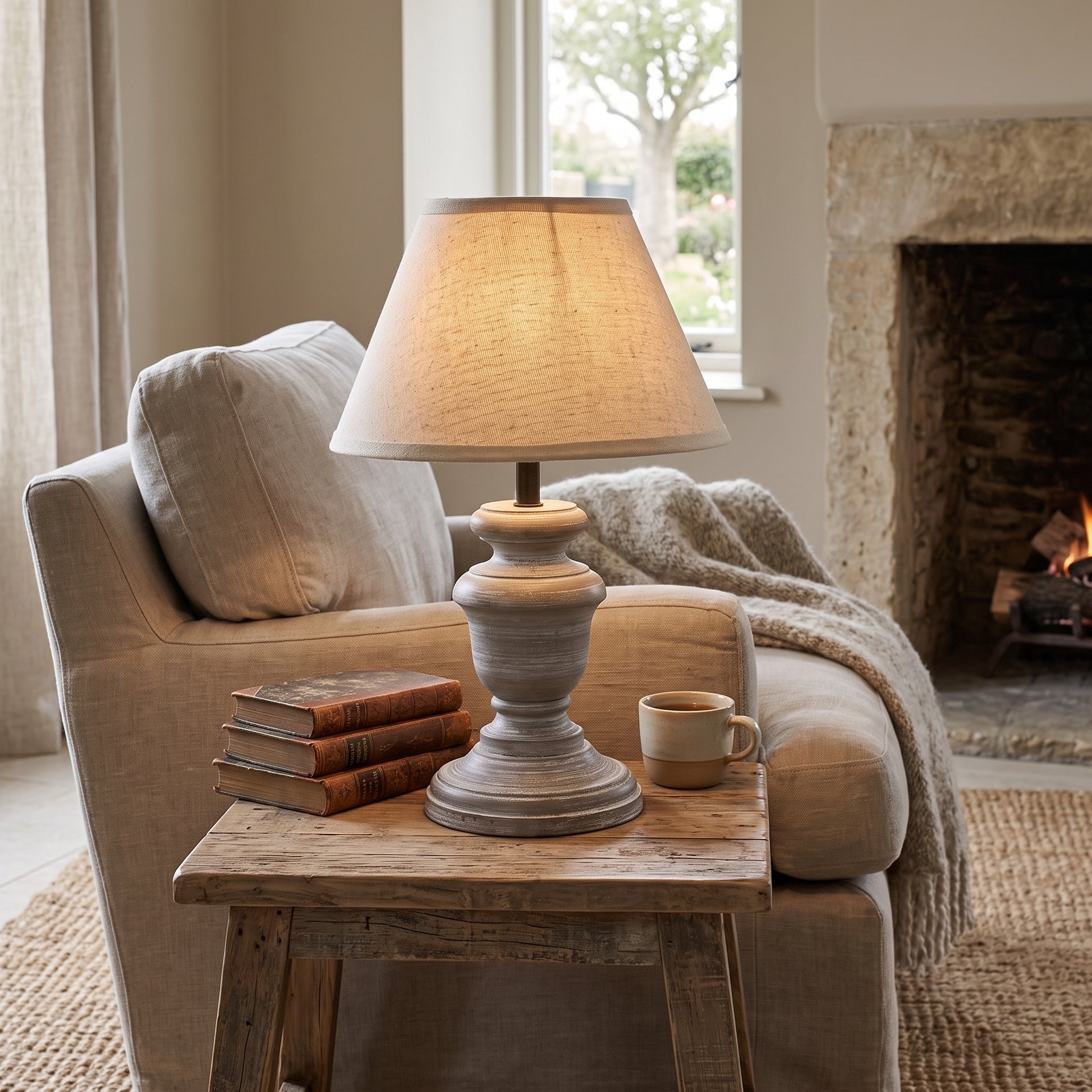 A rustic table lamp with a textured beige fabric shade and a weathered gray wooden base sits on a wooden end table in a cozy living room next to a beige armchair and a stone fireplace.