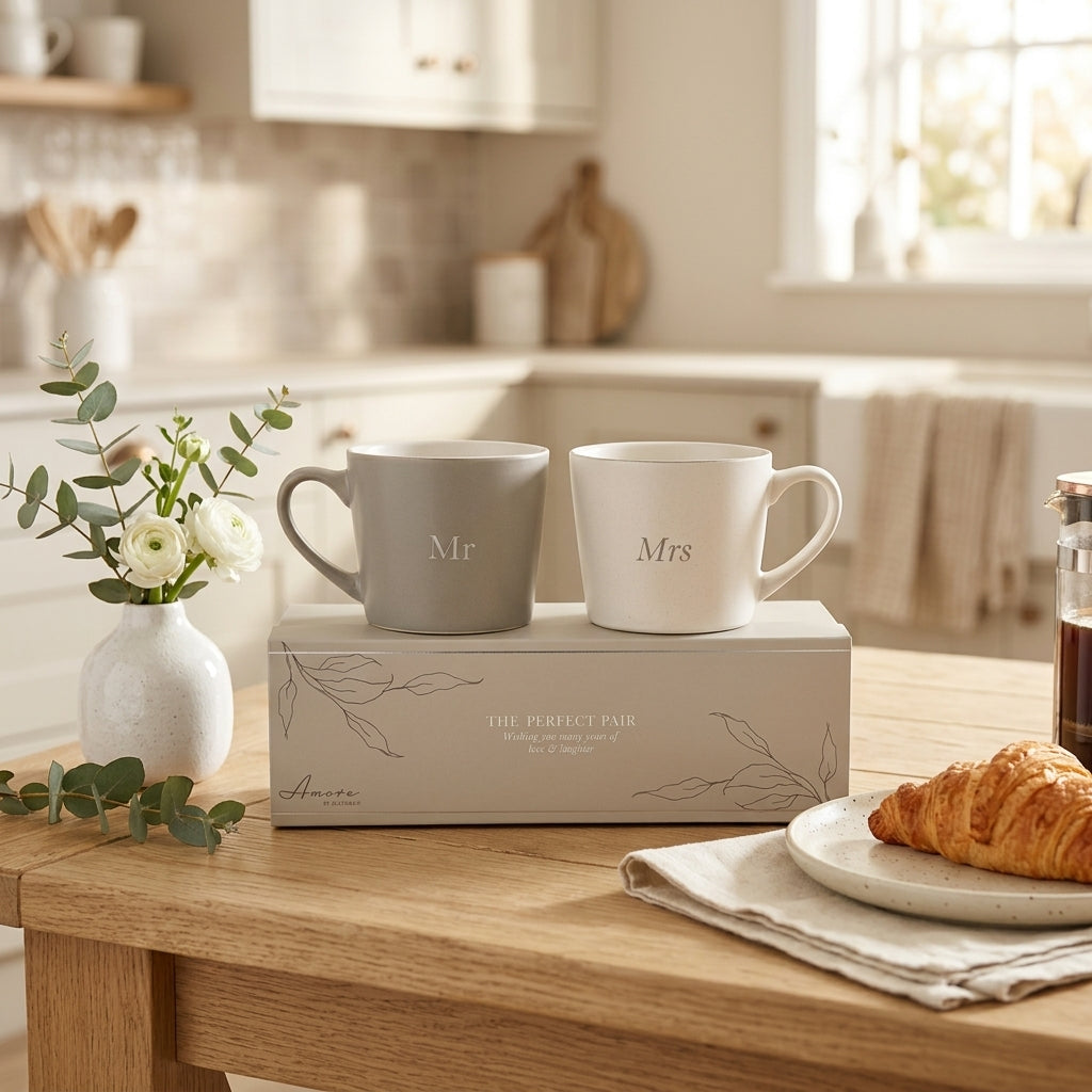 Amore Set of 2 Grey & White Mugs - Mr & Mrs