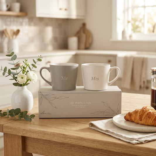 Amore Set of 2 Grey & White Mugs - Mr & Mrs
