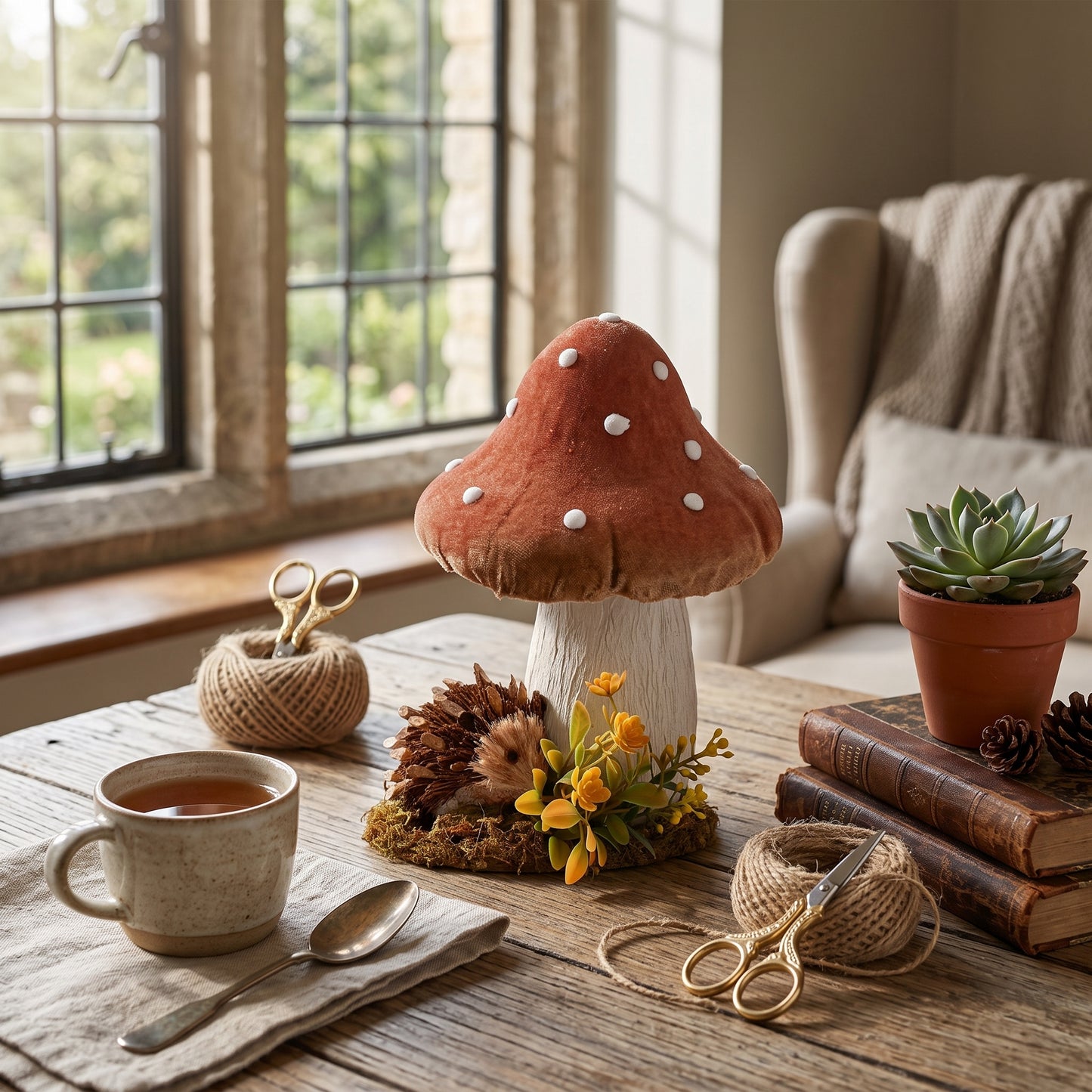 Country Living Natural Handmade Hedgehog Ornament with Mushroom