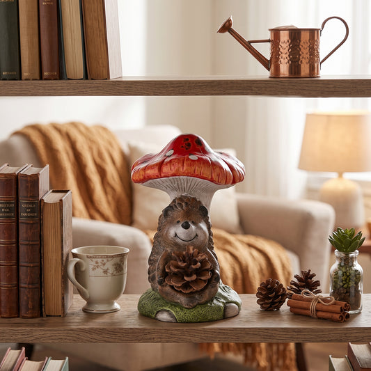 Country Living Hedgehog Holding A Pinecone On A Toadstool