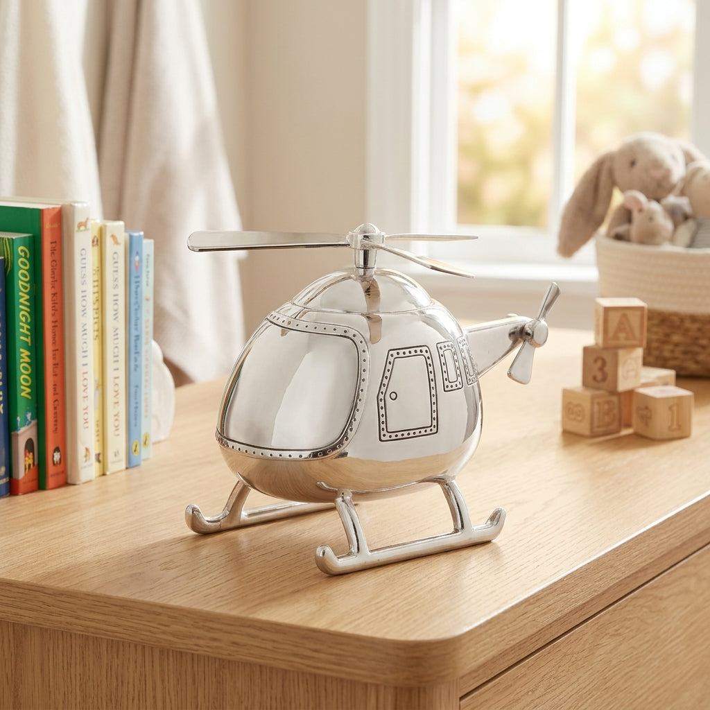 Bambino Silver Plated Money Box - Helicopter