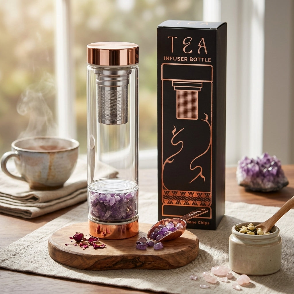 Crystal Glass Tea Infuser Bottle - Rose Gold - Amethyst