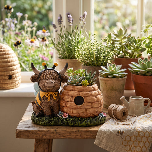 Country Living Highland Cow With Beehive Planter