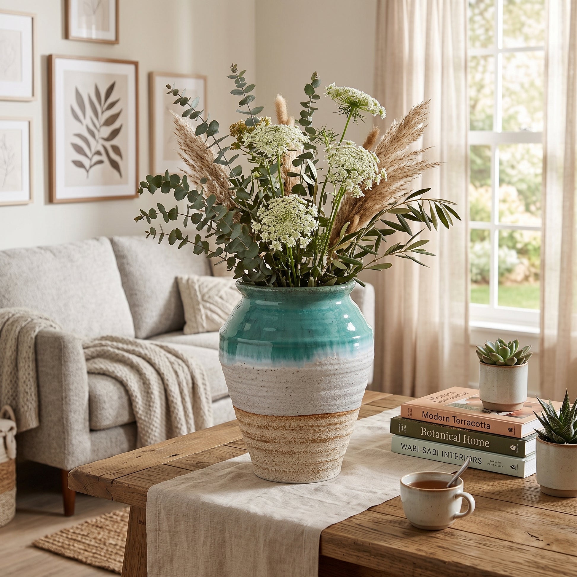 A large ceramic vase with a teal and cream gradient finish, filled with dried grasses, pampas, and green foliage, styled on a wooden coffee table in a bright, modern living room.