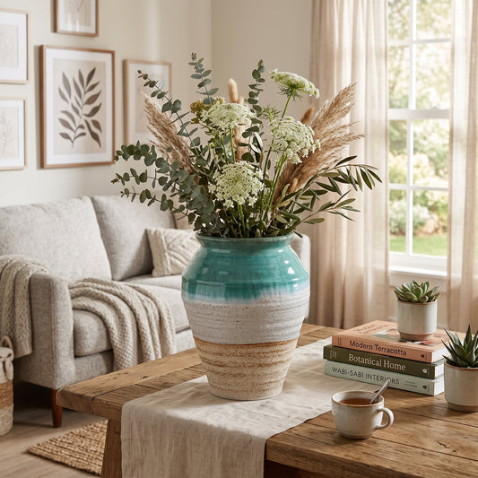 A large ceramic vase with a teal and cream gradient finish, filled with dried grasses, pampas, and green foliage, styled on a wooden coffee table in a bright, modern living room.