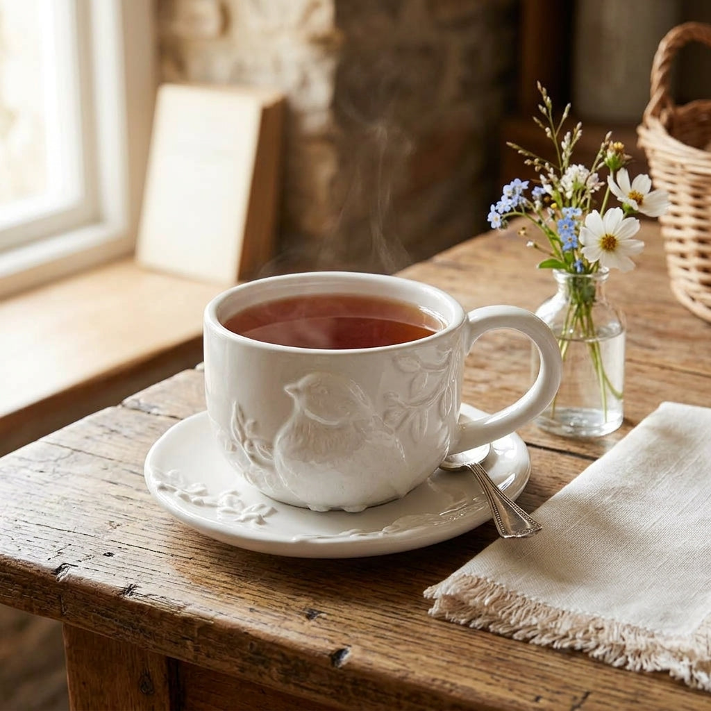 Hestia White Floral Bird Teacup & Saucer Set