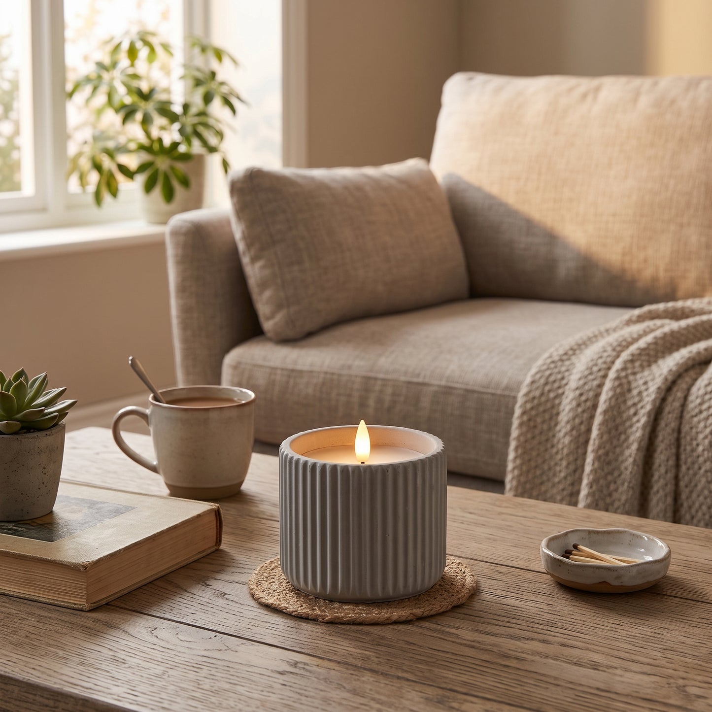 A lit gray ribbed candle in a matching jar sits on a wooden table in a cozy living room setting, with a sofa, throw blanket, mug, book, and small match dish in the background.
