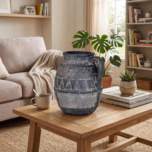 A large dark gray ceramic vase with white geometric patterns sits on a wooden coffee table in a cozy living room setting.