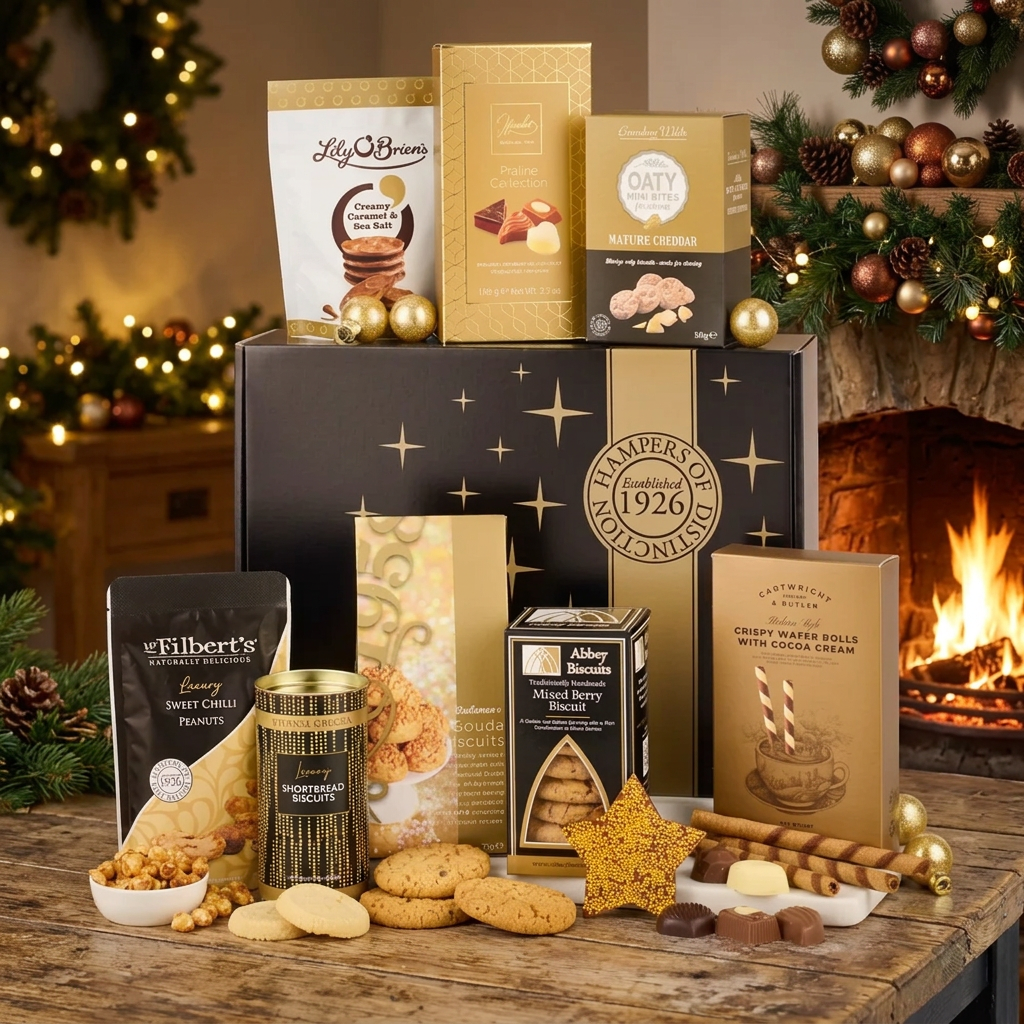 A luxury chocolate and cookie gift hamper set against a clean white background, featuring a black and gold Hampers of Excellence 1926 box surrounded by assorted premium chocolates, cookies, and treats from brands like Lily Brand, Abby's Boutique, and The Gilberts.