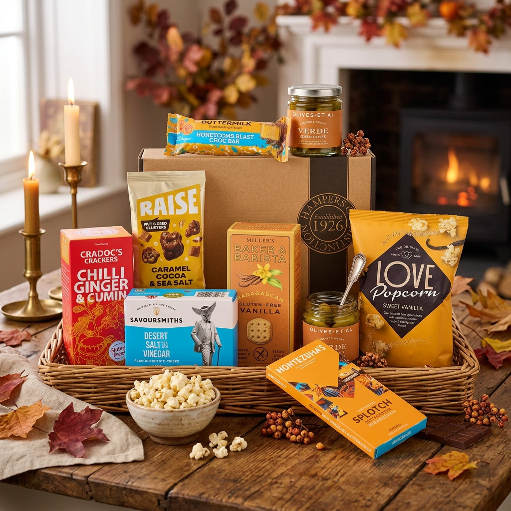 A curated gift hamper of assorted snacks, chocolates, and spices arranged in front of a brown gift box on a white studio background. Visible items include a bag of Love Popcorn, a box of Graco's Chilli Ginger & Cumin, a blue box of Savoury's, a yellow Raise chocolate bar, a Milly's box, a jar of Verde jam, and several chocolate pieces and popcorn kernels.