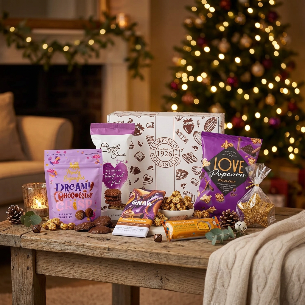 A gourmet gift hamper featuring a white patterned box from Empire of Candy 1926, surrounded by assorted chocolates, popcorn, and candy bags in purple, orange, and gold packaging on a white background.