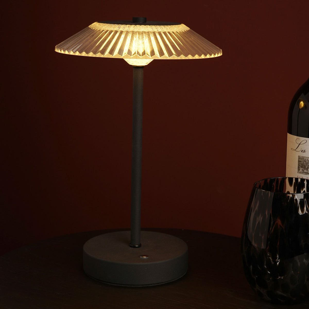 Hestia Black Ribbed Glass USB LED Touch Table Lamp
