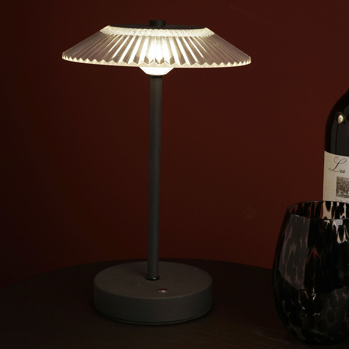 Hestia Black Ribbed Glass USB LED Touch Table Lamp