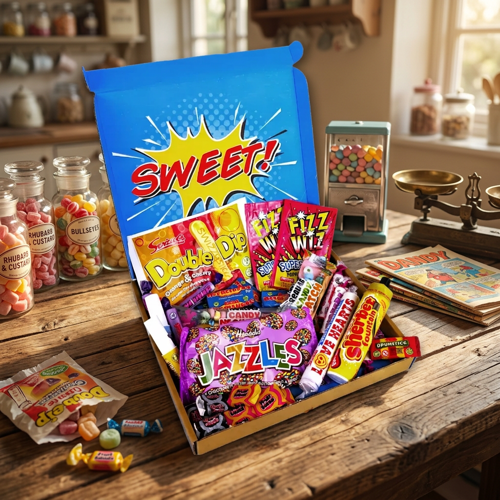 Assorted candy box with colorful packaging on a white background