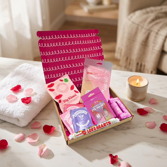 Box of pink and purple products with a pink patterned bag on a white background