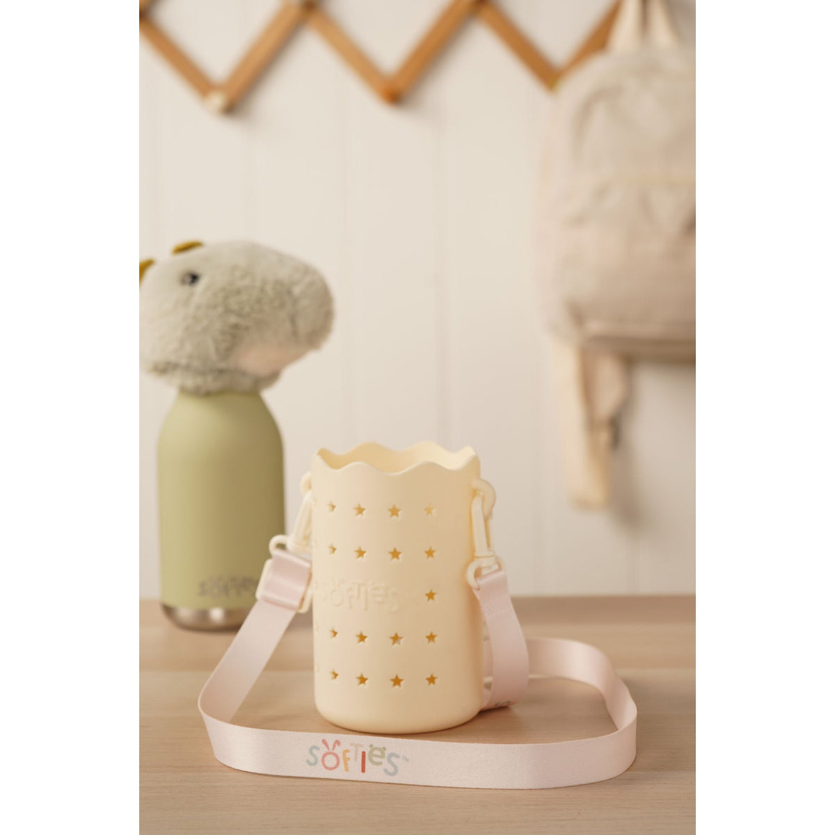 Softies Silicone Water Bottle Bag with Charm Holes and Fabric Clip on Carry Strap