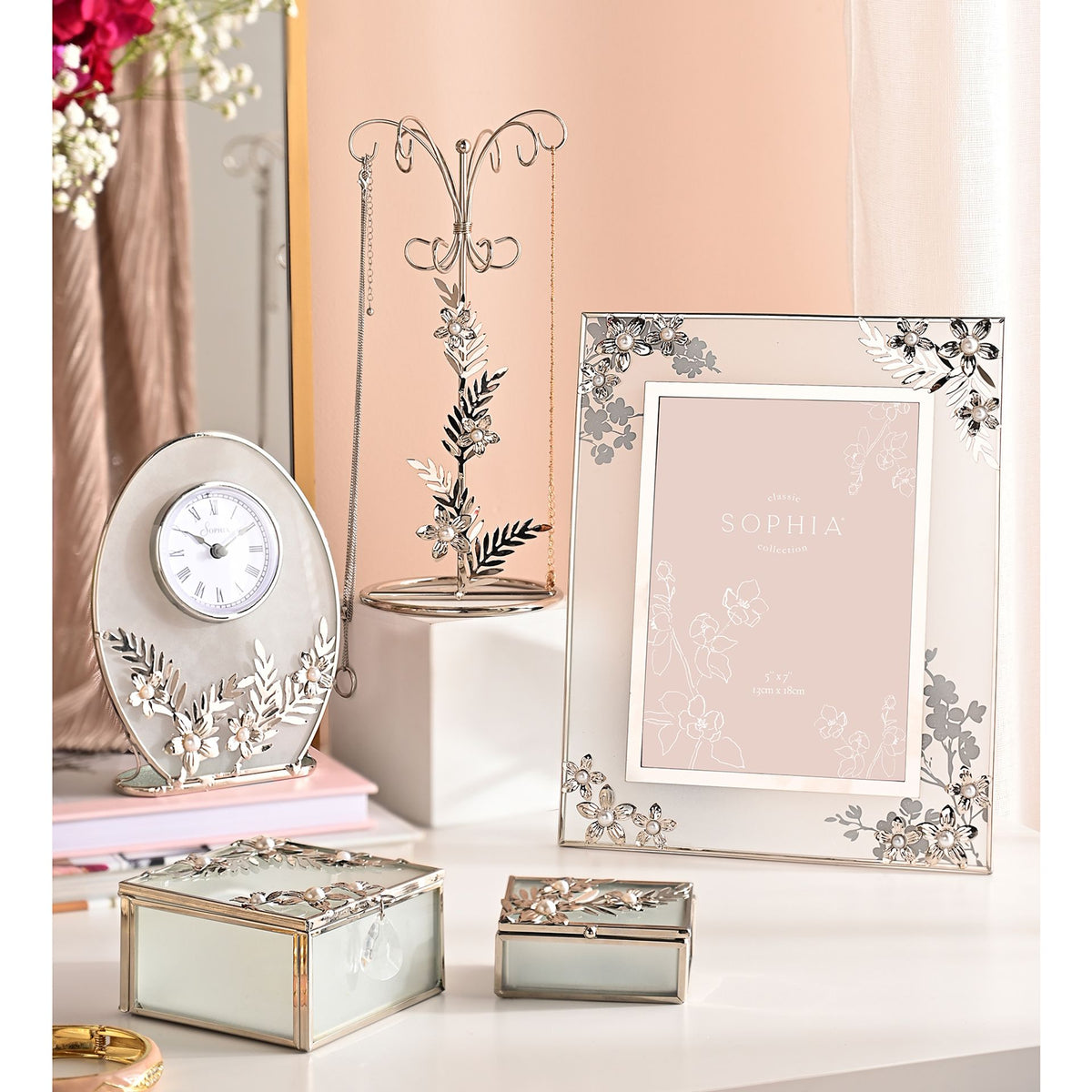 Sophia Classic Silver Daisy Mantel Clock