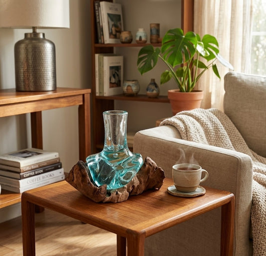 Handblown molten glass vase on natural wood base styled on oak side table in modern living room