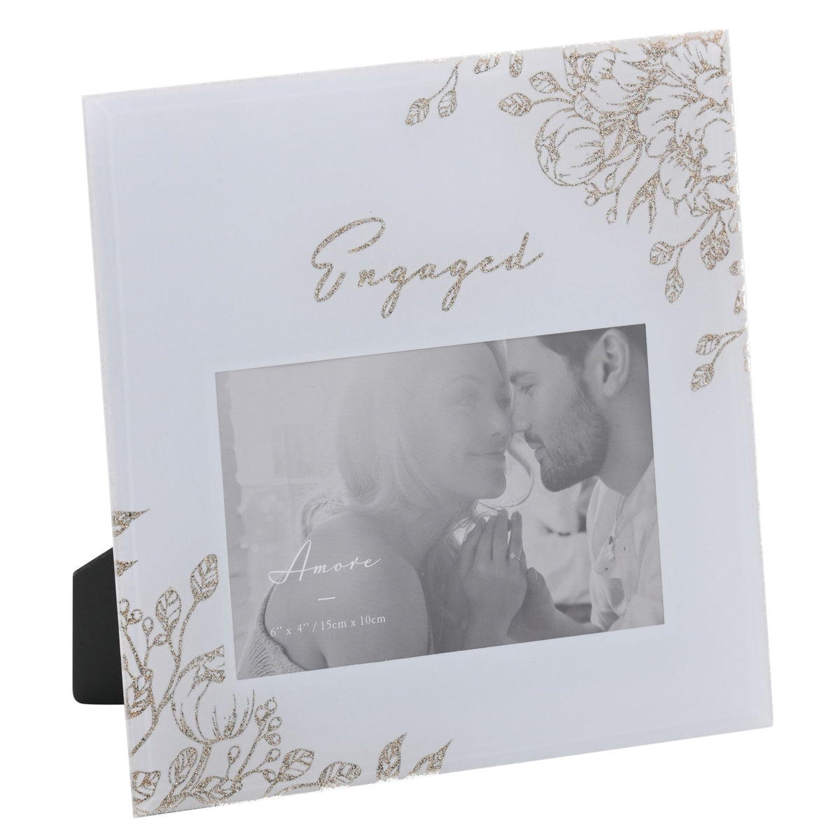 'Engaged' Pale Grey Glass Gold Floral Frame 6" x 4"