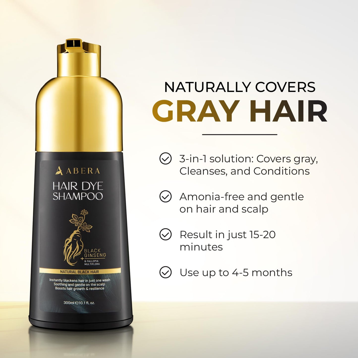 ABERA Hair Dye Shampoo – Black Hair Color for Grey Coverage | One-Wash Treatment (10.1 fl oz)