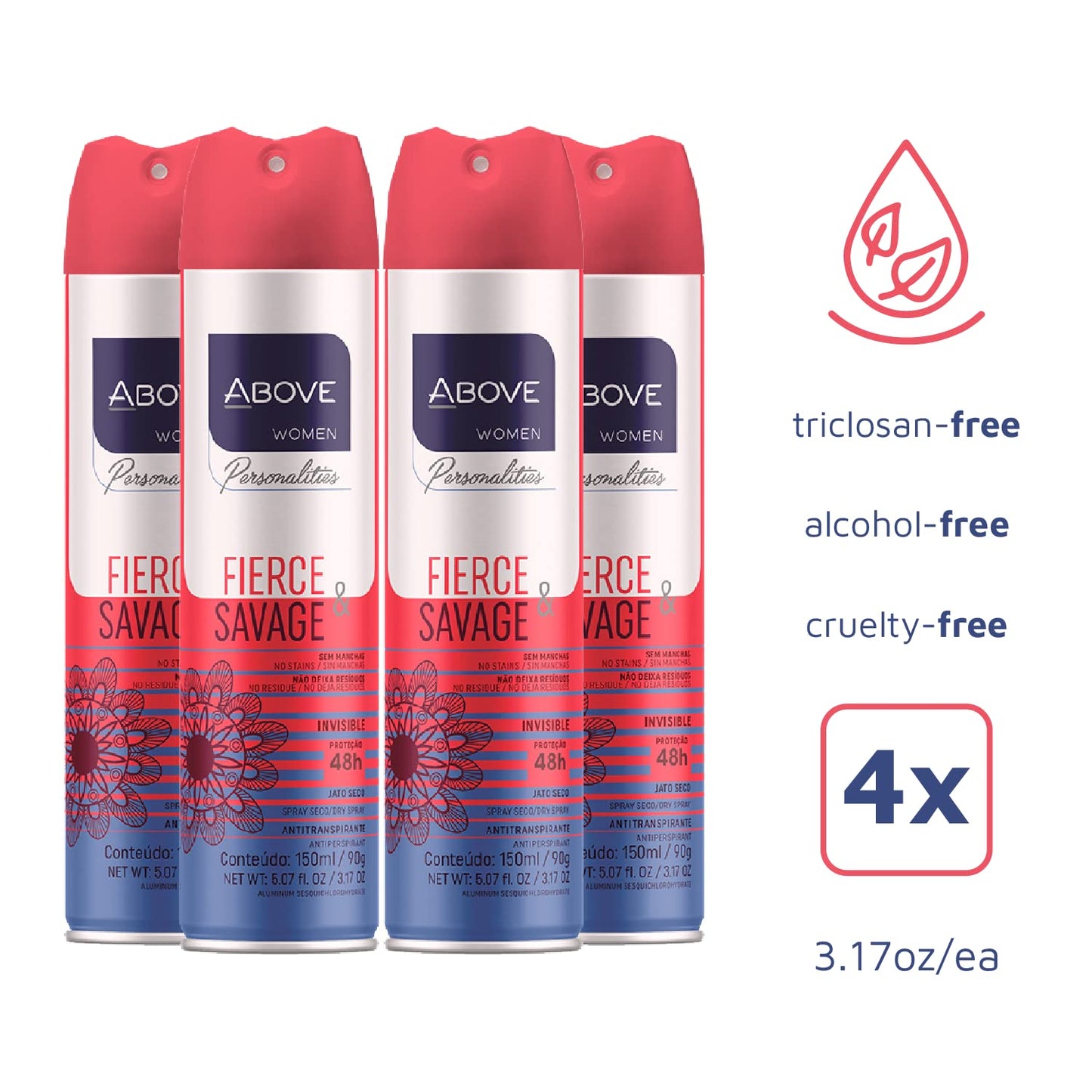 ABOVE Fierce & Savage 4pc Antiperspirant Dry Spray Set – Pink Pepper & Jasmine – Alcohol-Free