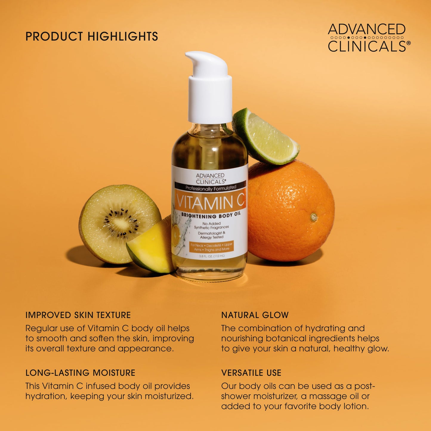 Advanced Clinicals Vitamin C Brightening Body Oil – Hydrating Glow for All Skin Types, 12 fl oz