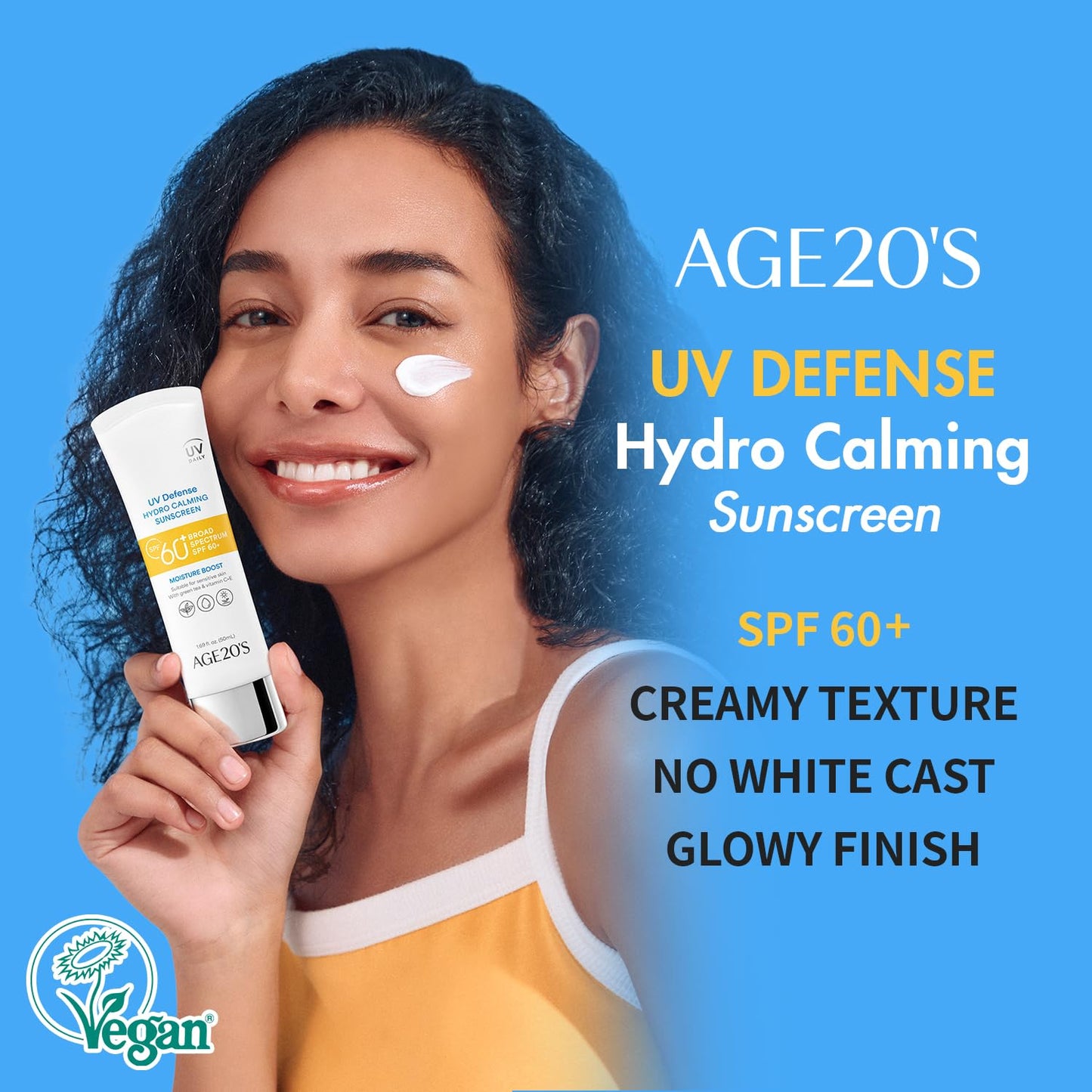 AGE 20's UV Defense Hydro Calming Sunscreen SPF 60+ — Creamy, Lightweight Korean Formula with Green Tea & Aloe | No White Cast | Dermatest Excellent | 1.69 fl oz x2