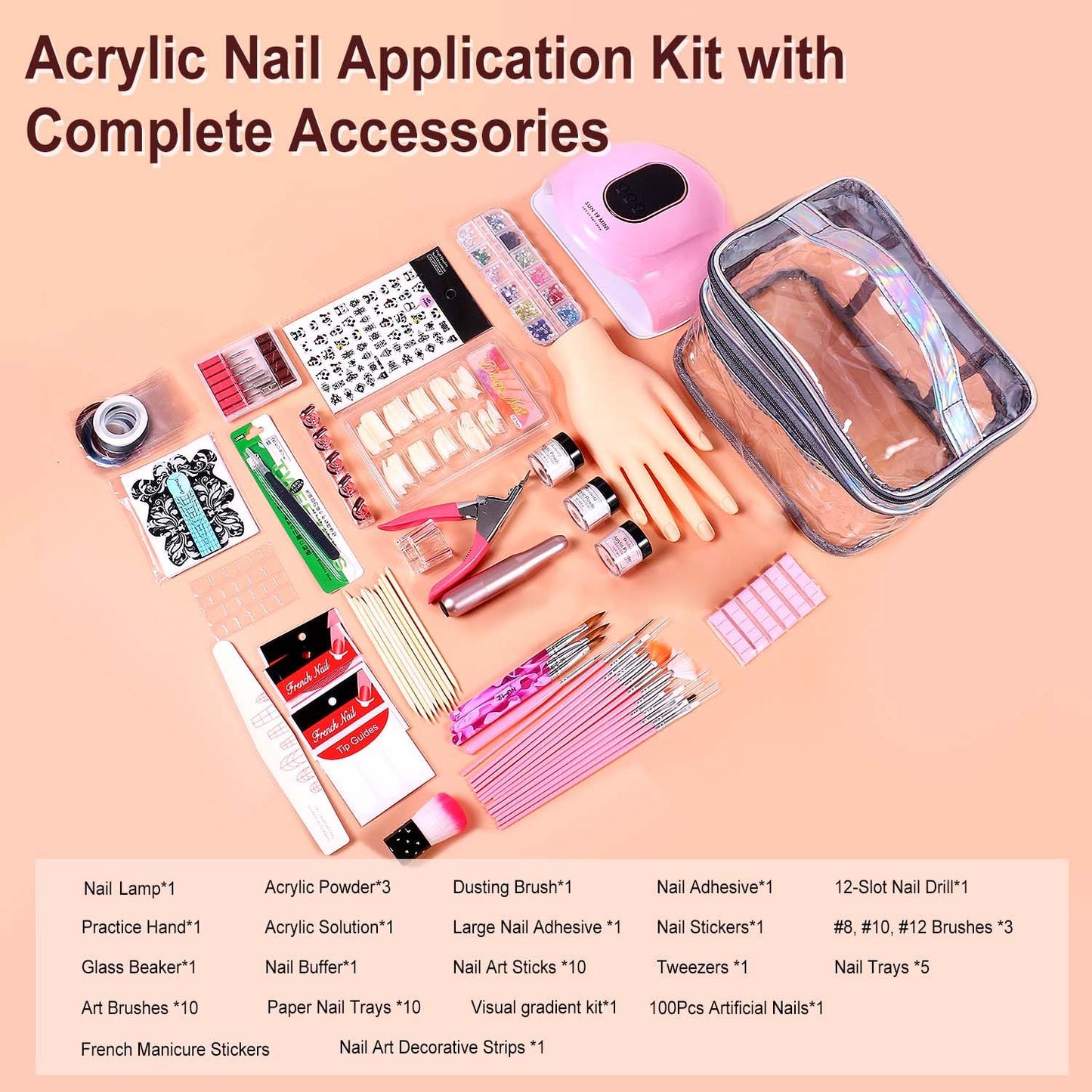 AILALUO Acrylic Nail Kit for Beginners – Practice Hand, UV Lamp, Drill, Silver Cosmetic Bag