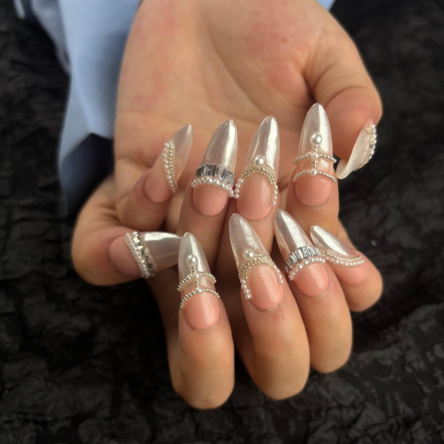 AKA Unicorn Trendy Handmade Press On French Nails Medium Almond 10Pcs with 3D Pearl Design – Clip On Nails for Women Gift