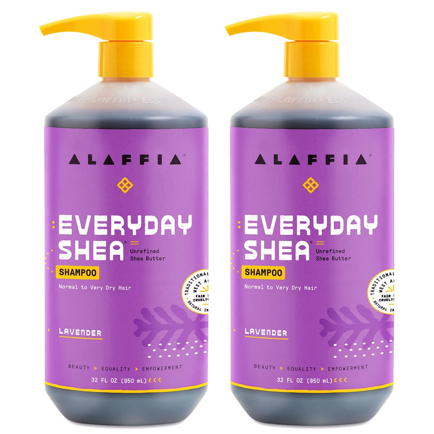 Alaffia EveryDay Shea Lavender Shampoo 2-Pack – Sulfate-Free Moisturizing Shampoo with Shea Butter & Coconut Oil, 32 oz ea