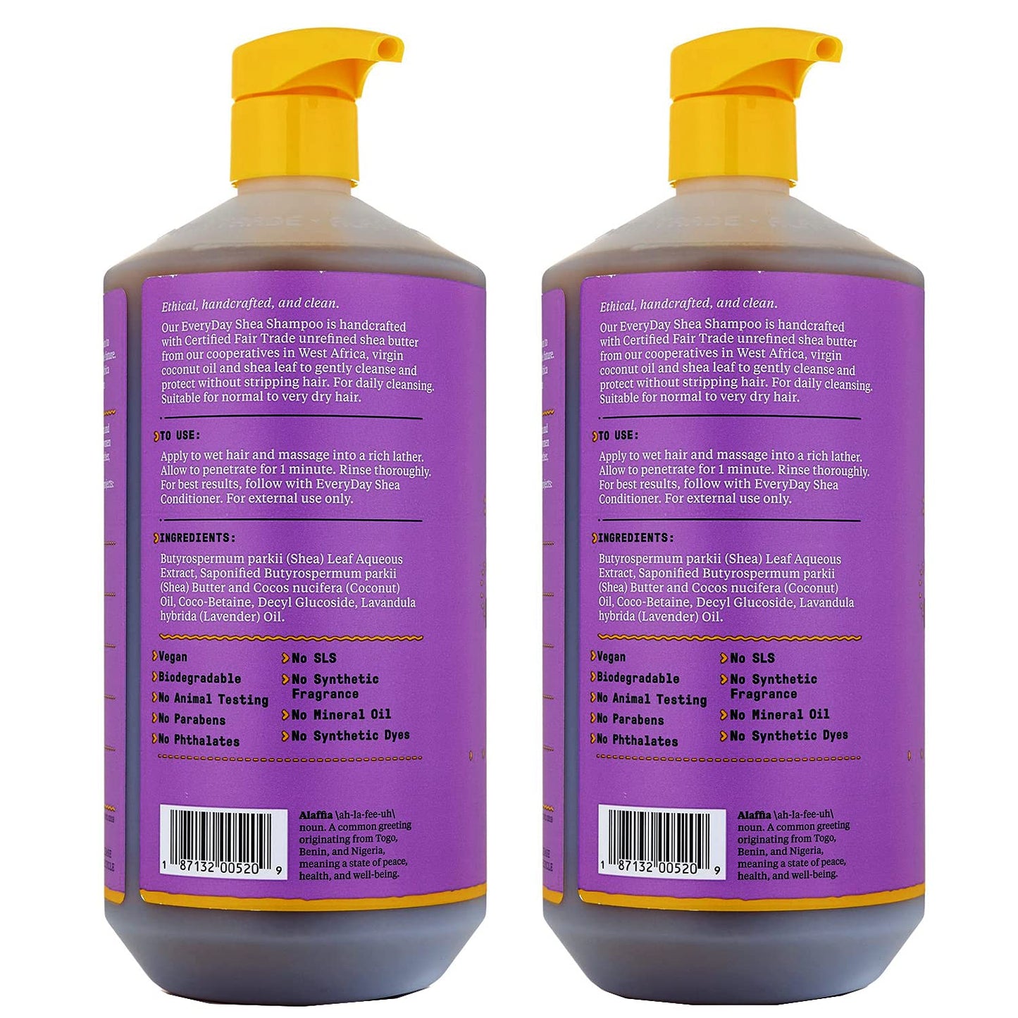 Alaffia EveryDay Shea Lavender Shampoo 2-Pack – Sulfate-Free Moisturizing Shampoo with Shea Butter & Coconut Oil, 32 oz ea
