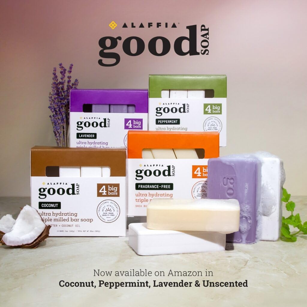 Alaffia Good Soap 3-Pack (Lavender, Peppermint & Coconut) – Long-Lasting, Triple-Milled with Fair Trade Shea Butter