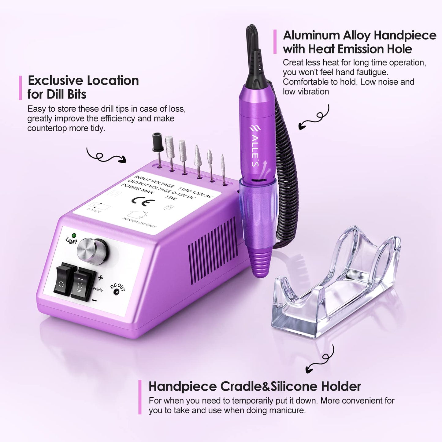 Alle's 20000 RPM Professional Nail Drill Machine – Efile Kit with 6 Bits & 106 Sanding Bands (Purple)