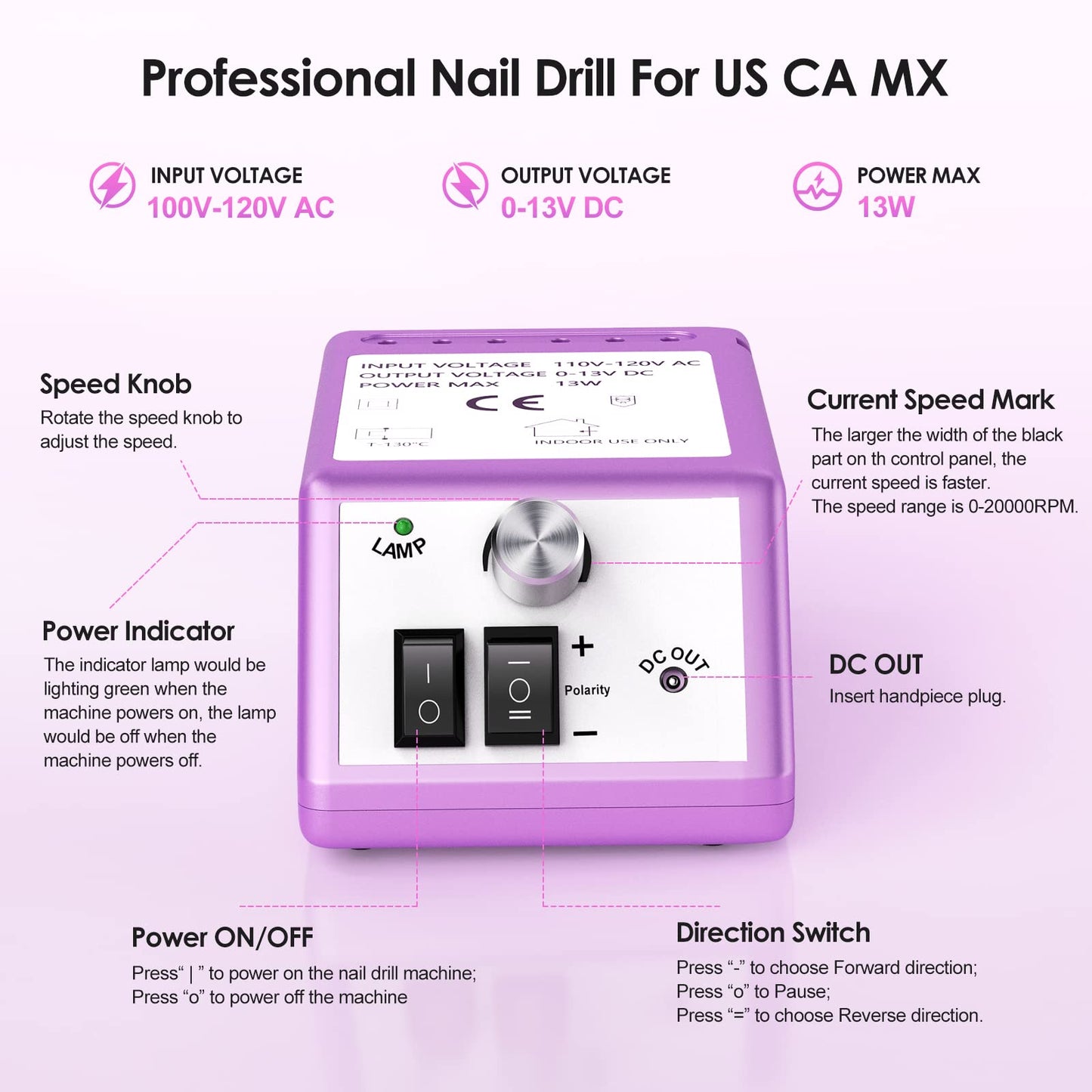 Alle's 20000 RPM Professional Nail Drill Machine – Efile Kit with 6 Bits & 106 Sanding Bands (Purple)
