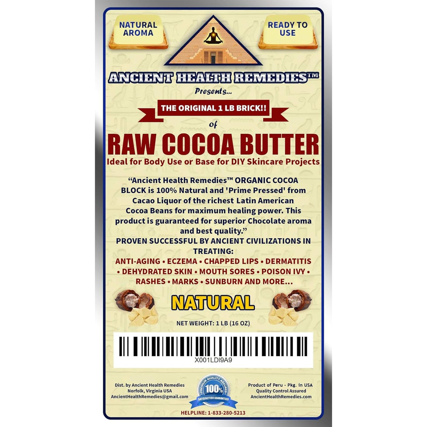 ANCIENT HEALTH REMEDIES Organic Cocoa Butter Block 16oz – Raw Unrefined Cocoa for DIY Lip Balms & Body Butters