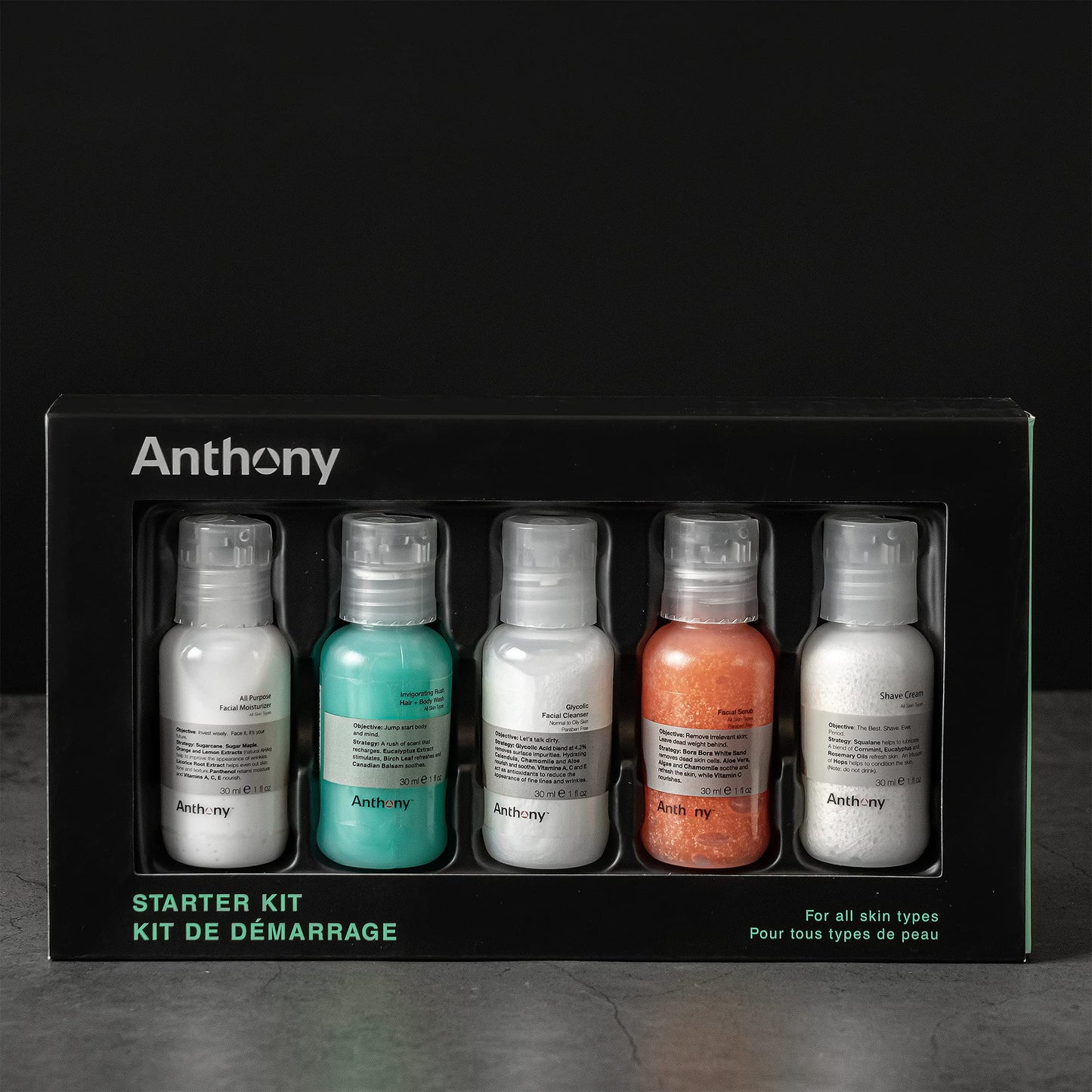 Anthony Starter Kit: Glycolic Cleanser, Facial Scrub, Moisturizer, Hair & Body Wash, Shave Cream