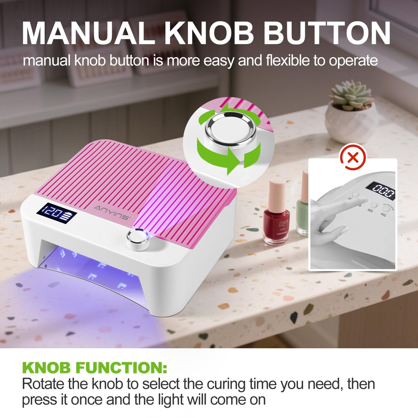 ANYINS UV Nail Lamp 120W – Fast, Even Gel Curing, Cordless with Auto-Sensor | Pink