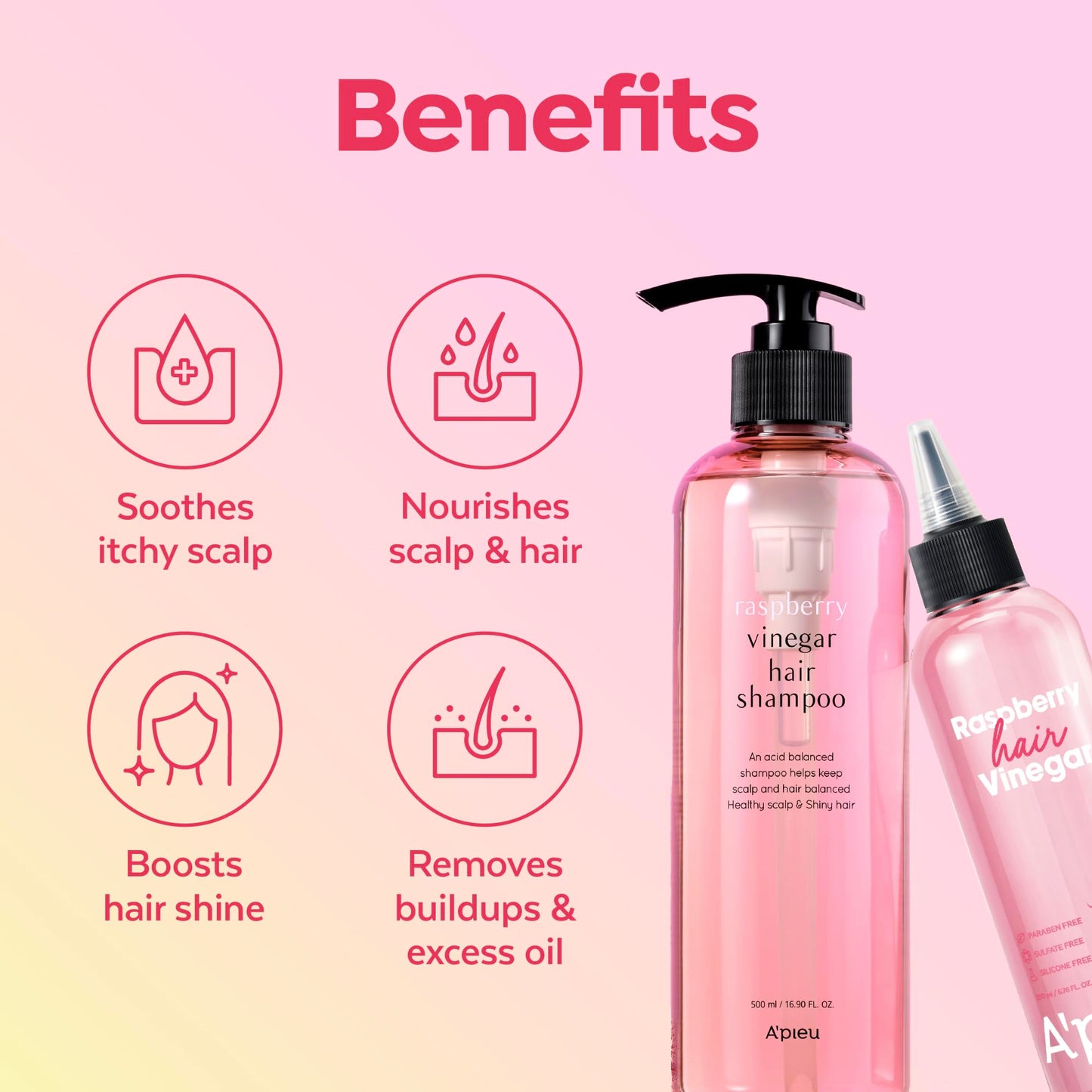 A'PIEU Raspberry Vinegar Shampoo & Hair Vinegar Rinse Set – Scalp Clarifying & pH-Balanced