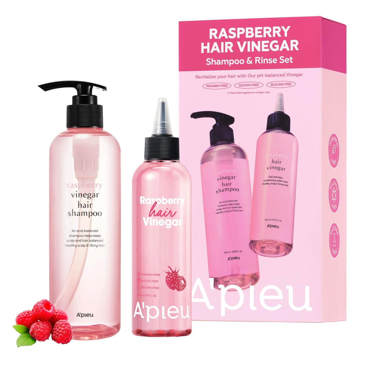 A'PIEU Raspberry Vinegar Shampoo & Hair Vinegar Rinse Set – Scalp Clarifying & pH-Balanced