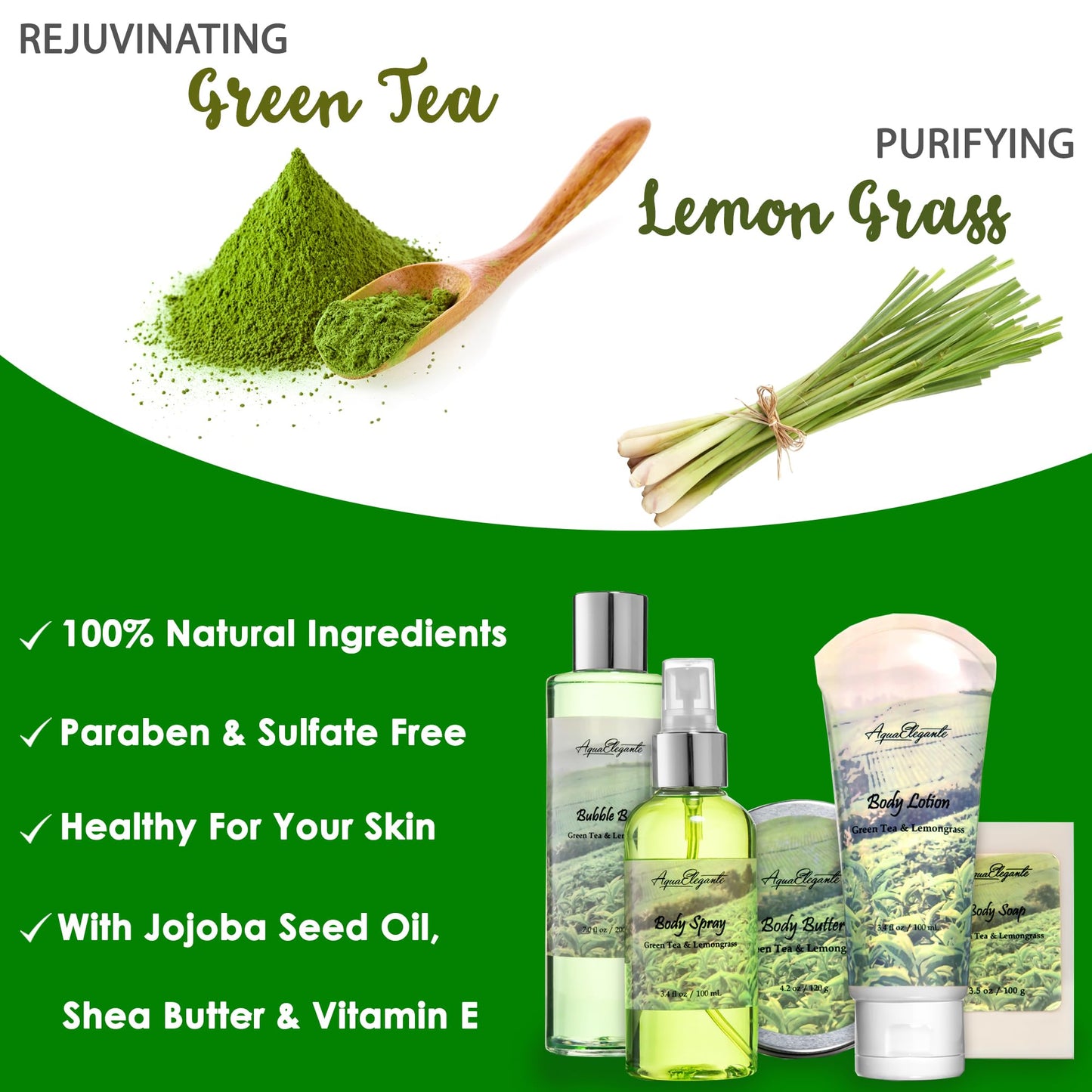 Aqua Elegante Spa Gift Baskets for Women | Luxury Green Tea & Lemongrass Bath Set