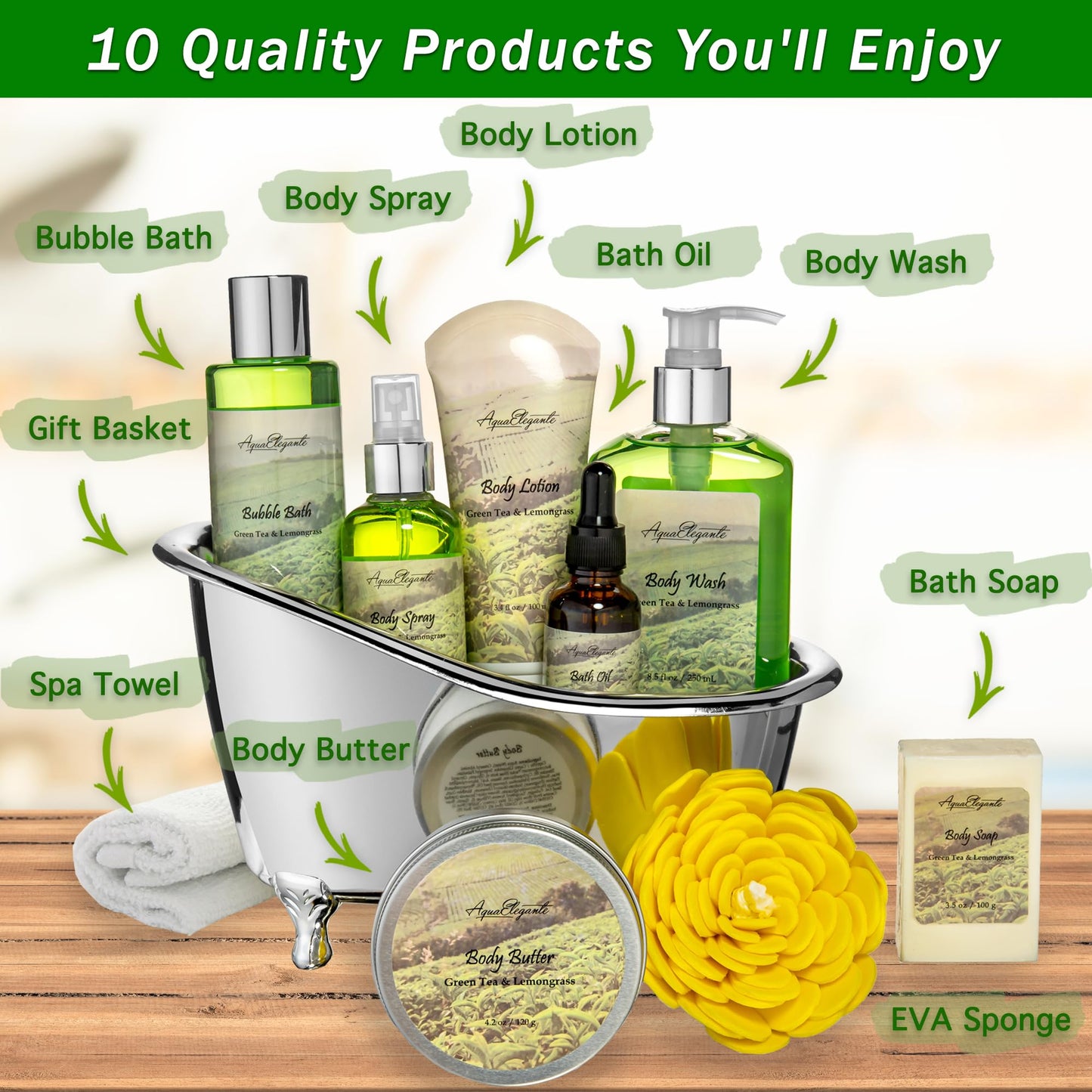 Aqua Elegante Spa Gift Baskets for Women | Luxury Green Tea & Lemongrass Bath Set