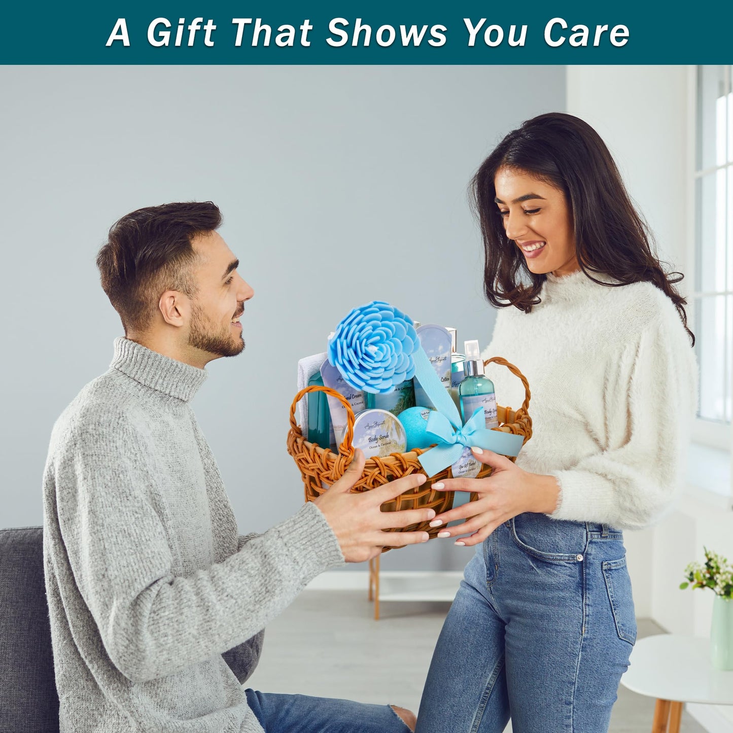 Aqua Elegante Spa Baskets for Women – Luxury Ocean & Coconut Bath Set with Wash, Bubble Bath, Lotion & More
