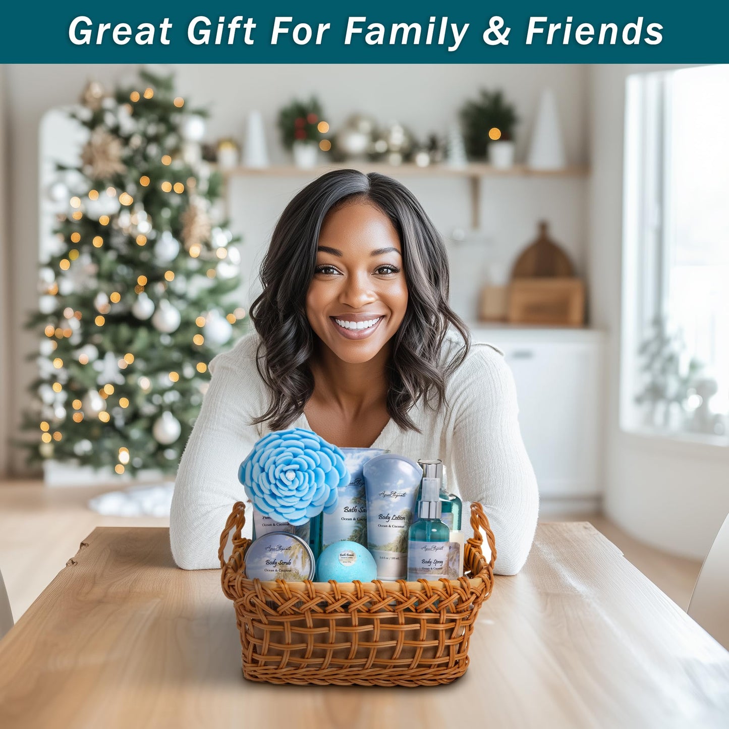 Aqua Elegante Spa Baskets for Women – Luxury Ocean & Coconut Bath Set with Wash, Bubble Bath, Lotion & More