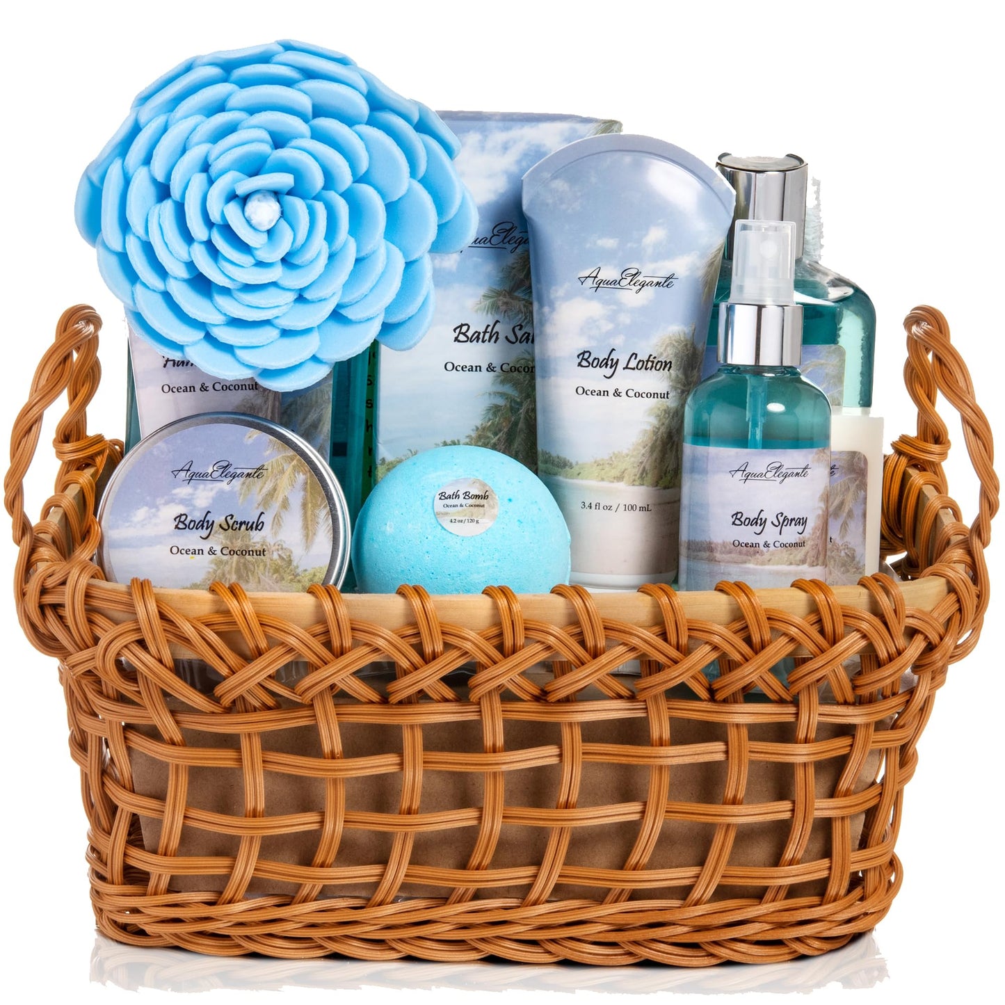 Aqua Elegante Spa Baskets for Women – Luxury Ocean & Coconut Bath Set with Wash, Bubble Bath, Lotion & More
