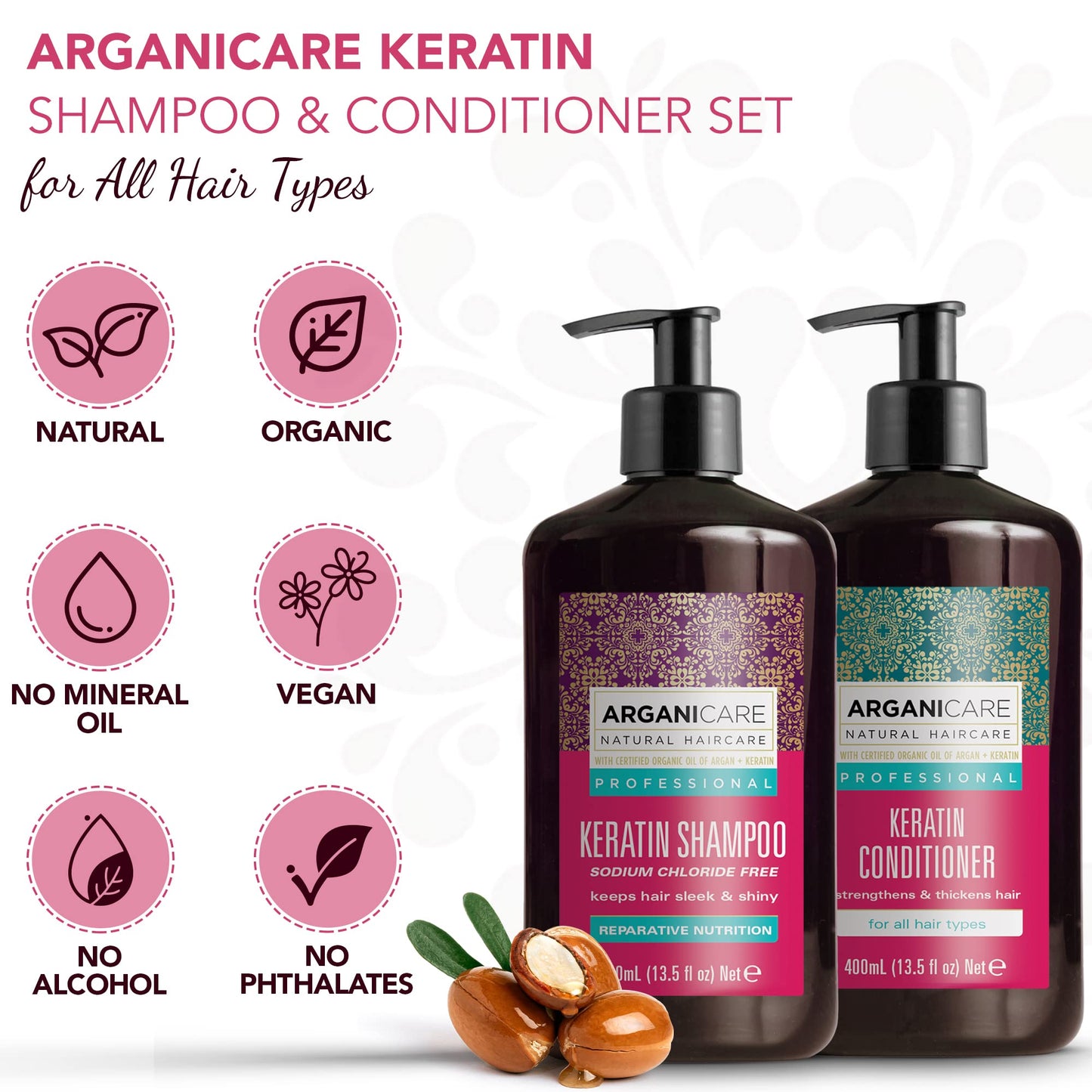 Arganicare Keratin Shampoo & Conditioner Set – Thickening, Strengthening, Organic Argan Oil & Shea Moisture | 27 oz